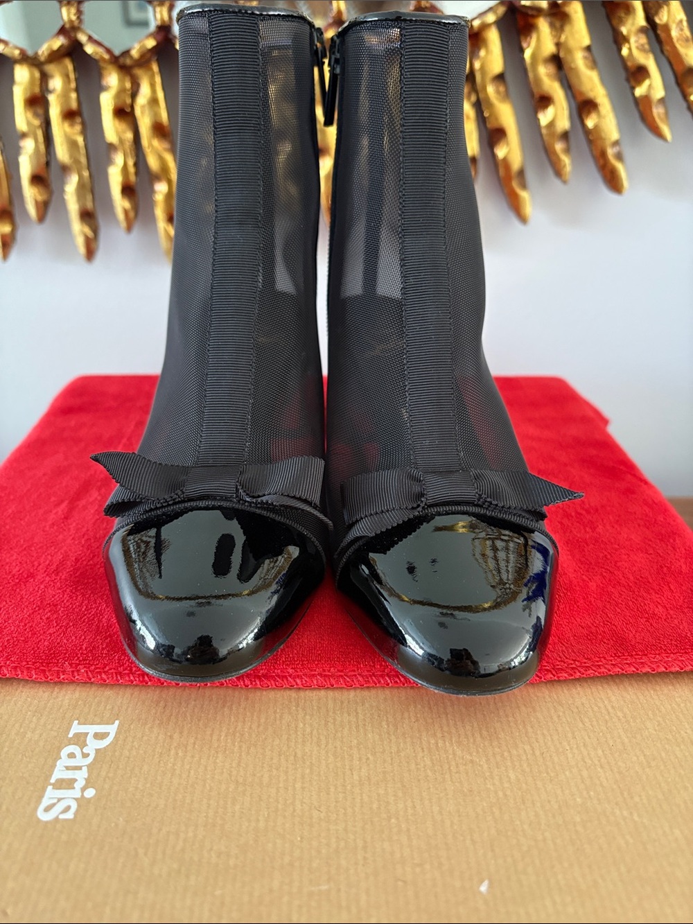 Christian Louboutin Black Mesh and Patent Bow Ankle Boots with Red Soles